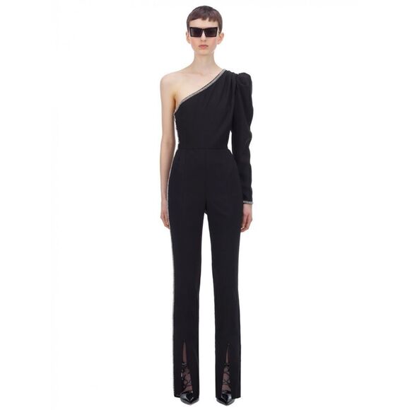Self-Portrait Pants - Self-Portrait One shoulder crepe Jumpsuit in black size US6